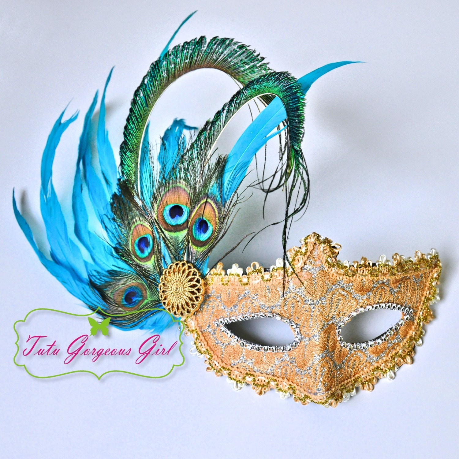 Peacock Feather Masquerade Mask Turquoise Feathers And Gold