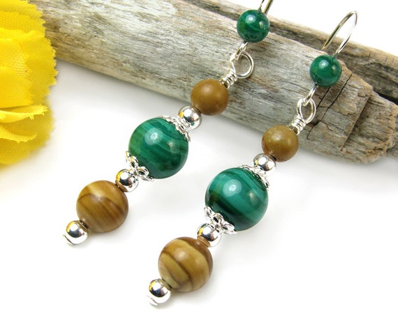 Green Malachite Handmade Earrings Picture Jasper Sterling Silver Gemstone Beaded Dangles