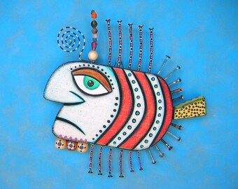 Gangster Fish VII, Original Found Object Wall Sculpture, Wood Carving, Wall Decor, Animal Sculpture, Figure Sculpture