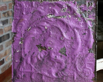 Genuine Antique Ceiling Tile -- 12"x12" -- Original Rusty Purple Paint -- Swirling Vines Design