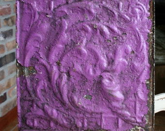 Genuine Antique Ceiling Tile -- 12"x12" -- Original Rusty Purple Paint -- Swirling Vines Design