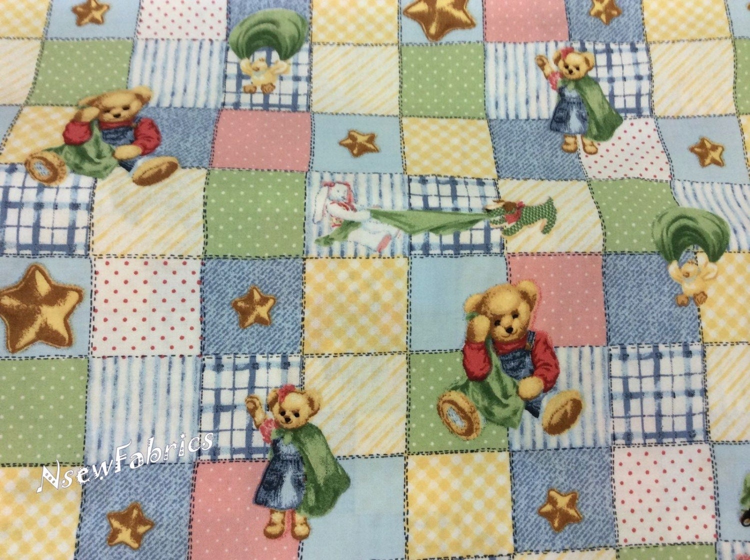 5 Yard Fabric SALE Blue Jean Teddy Bear Blankie Cotton