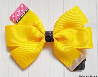 Yellow Pencil Pinwheel Bow - Pencil Bow, Yellow Pencil, Back to School Bow, School Hair Bow, Back to School Outfit