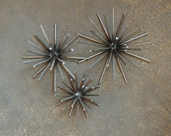 Steel Sphere Trio, MADE TO ORDER, Steel Wall Hanging, Trio, Atomic Sculpture, Metal Sculpture, Industrial Art, Recycled, Atomic Art