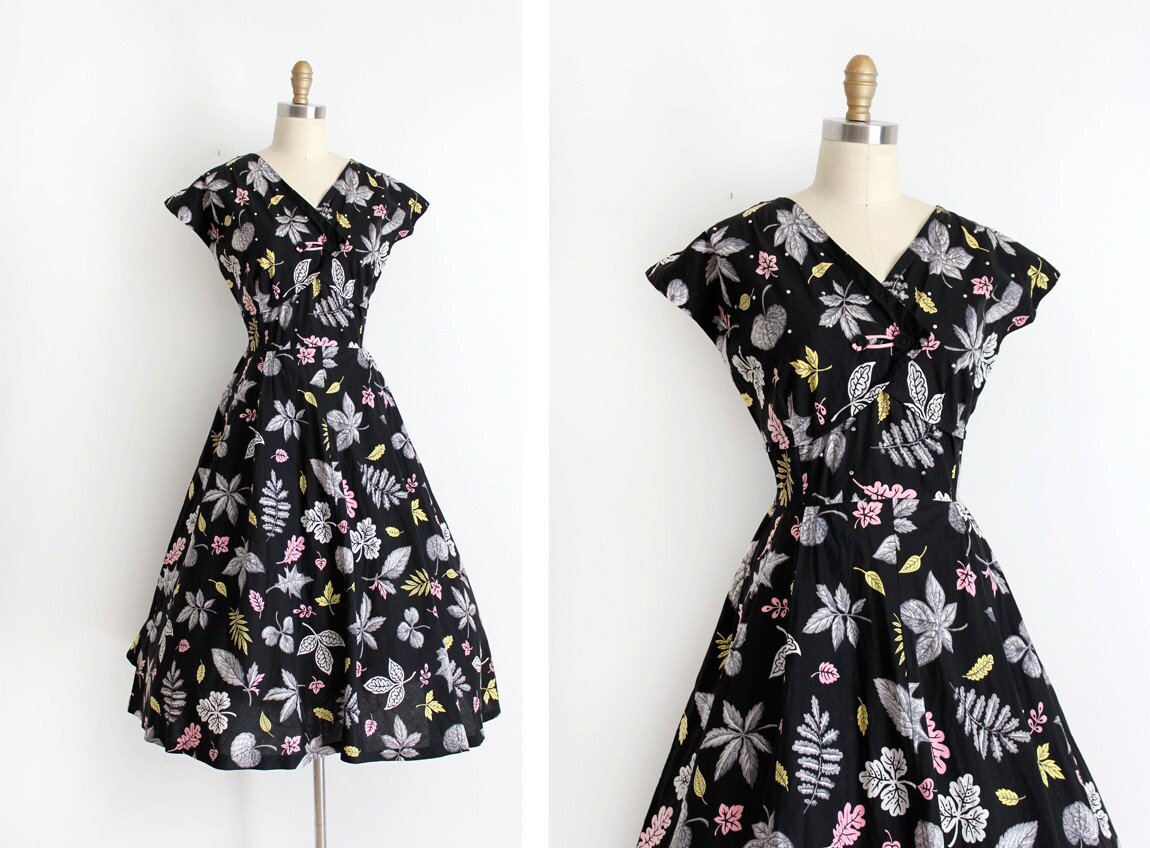 vintage 1950s novelty dress // 50s black printed cotton day