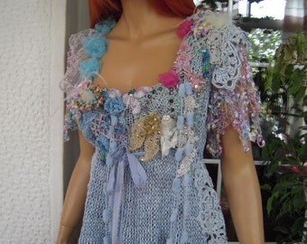 top crochet pale blue romantic designer fashion hand knitted and embroidered summer weddings top ready to ship by golden yarn
