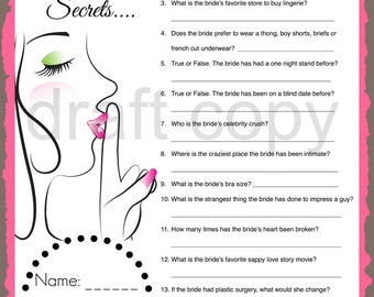 Bride Trivia- Dirty Little Secrets- Bachelorette Party Game-Wedding Shower