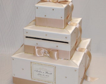 Elegant Custom made Ivory/Champagne Wedding Card Box- Gold Rhinestones