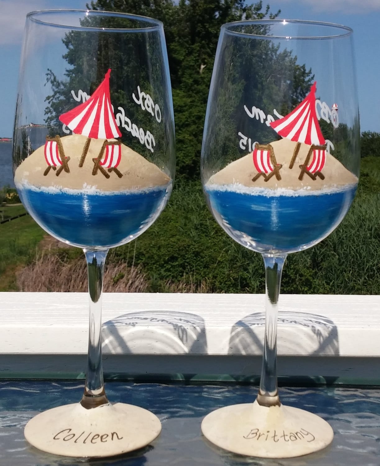 Beach scene hand painted wine glasses