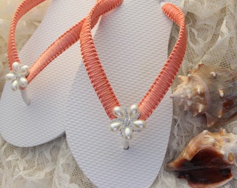 Tangerine Coral bridal flip flops Bridesmaids shoes, beach wedding flip flops, Bridal sandals, coral wedding sandals, bridal slippers CUSTOM