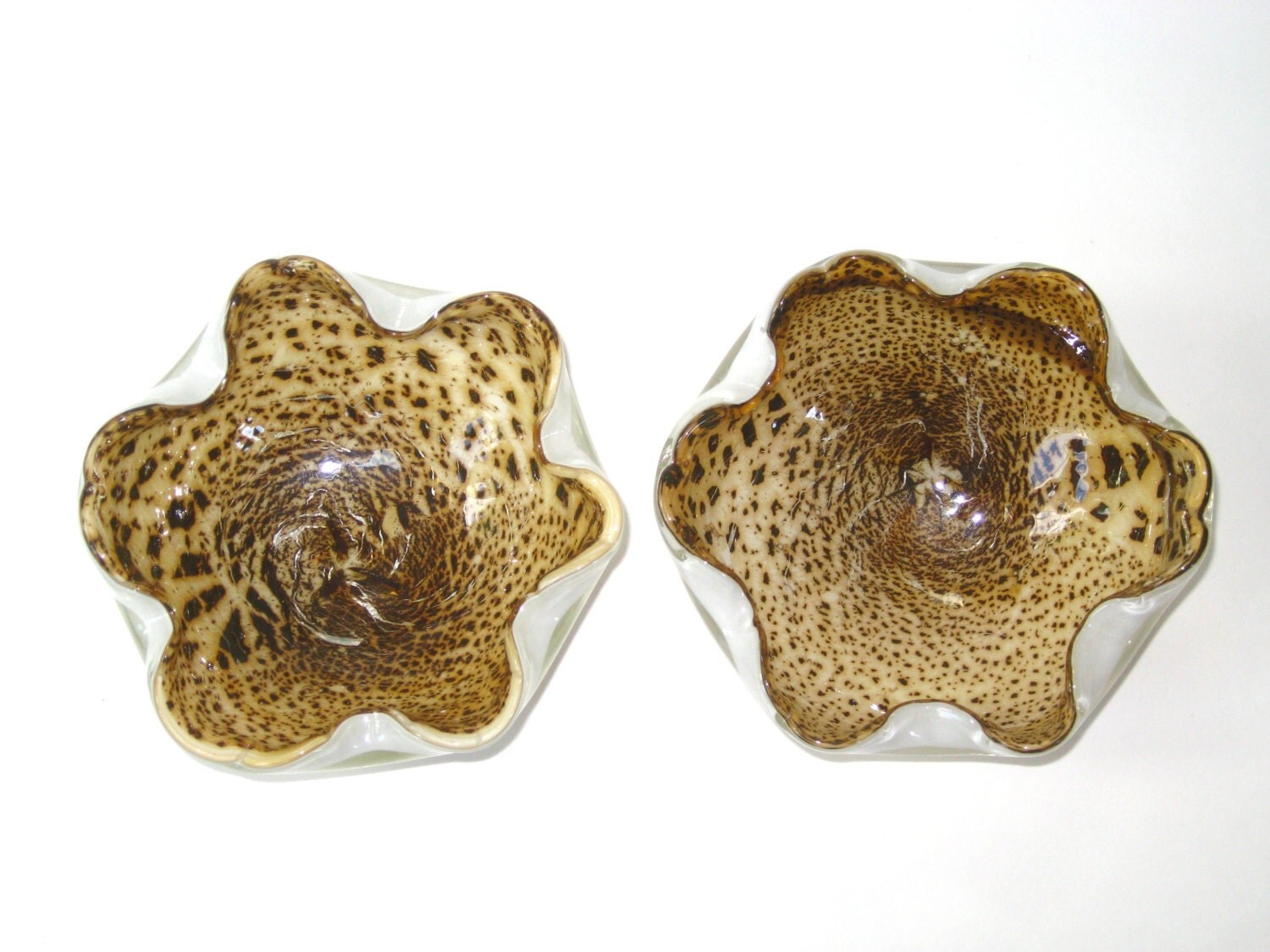 Pair Murano Leopard Print Bowls Triple Cased Lattimo Brown