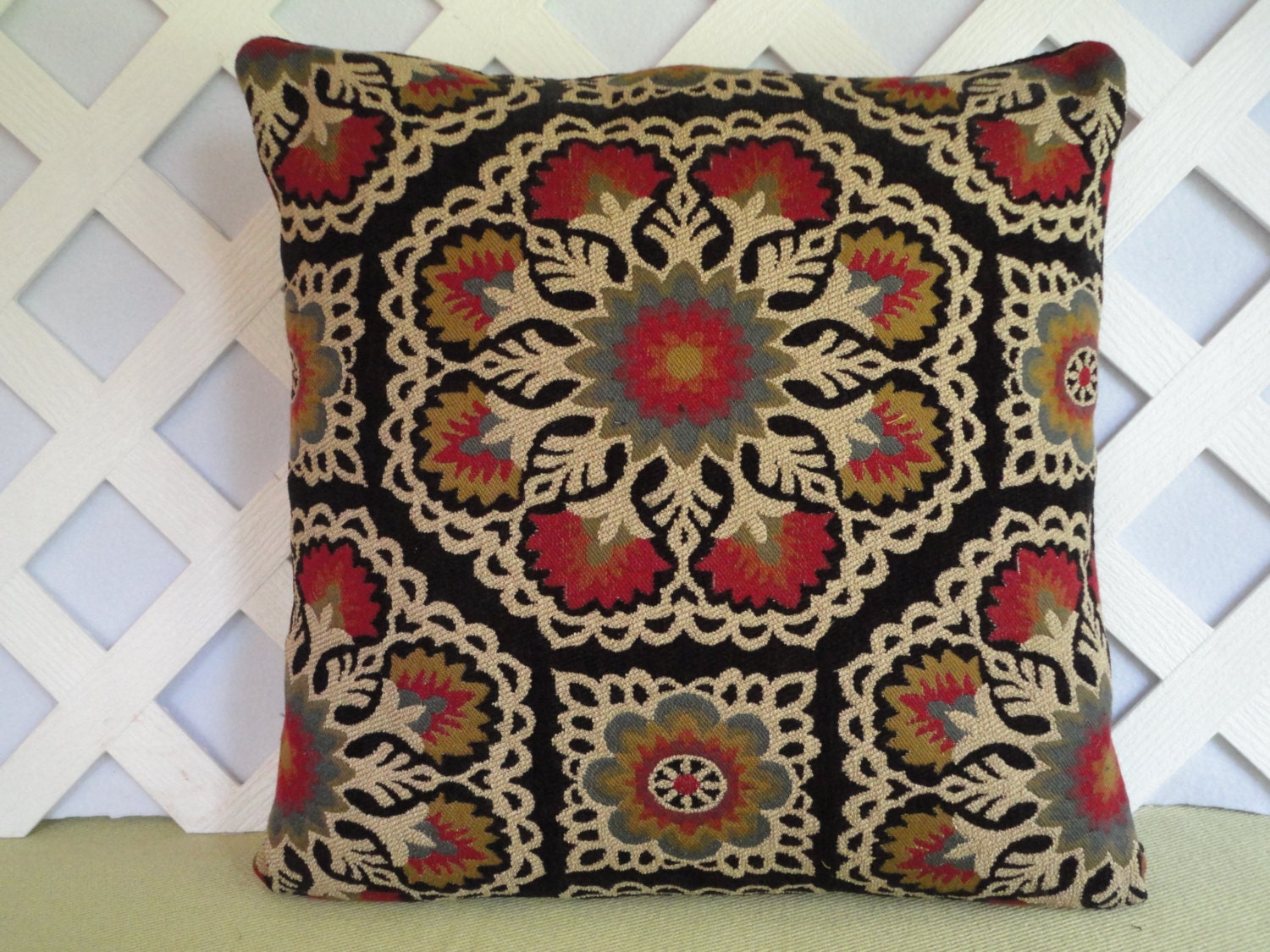 Floral Tapestry Pillow Cover Cranberry Slate Blue Gold Beige