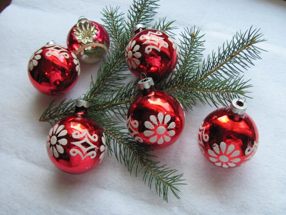 Items similar to Stenciled Red Glass Ornament 5 Flocked 