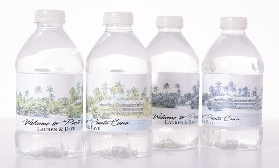 Punta Cana MX Coastline Skyline Water Bottle Labels - 30 Labels - Choose Greyscale or Colored Sketch Image - Beautiful Artistic Labels Il_570xn