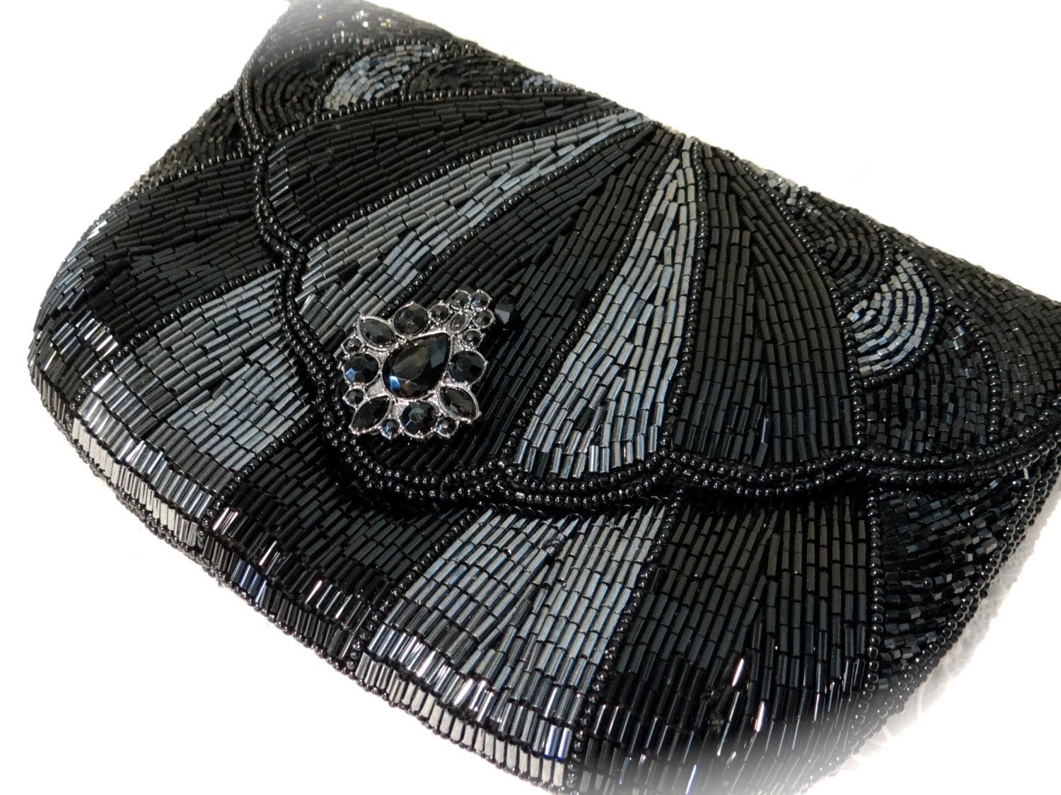 Vintage Beaded Evening Bag Black and Gunmetal Bugle Bead Clutch Haute