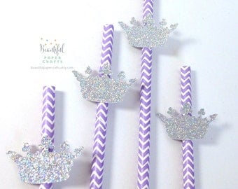 25 Silver Princess Crown Straws| Lavender and Silver Party | Purple Princess Party | Sophia Party 1st Happy Birthday Decorations