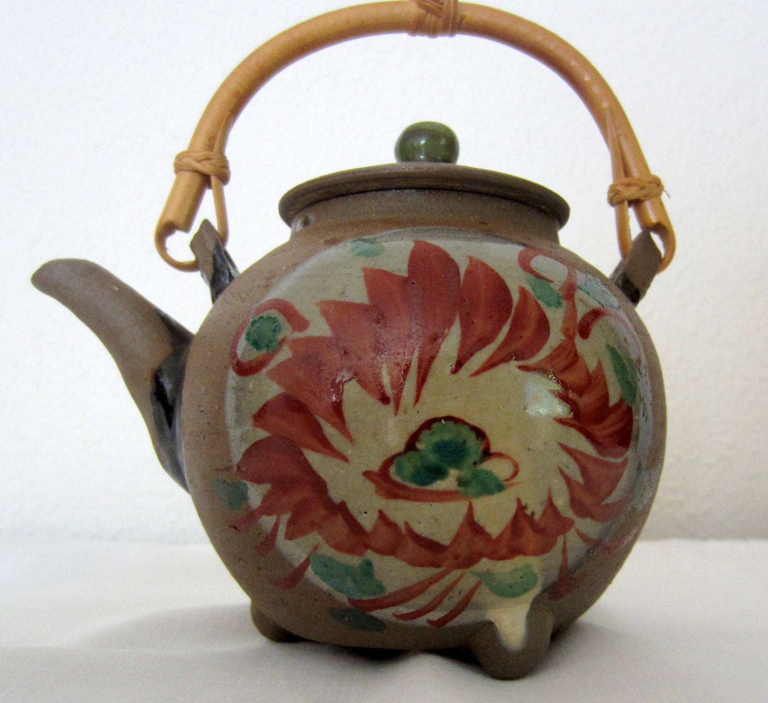 Asian Teapot Tea Pot with Bamboo Handle Brown Clay with