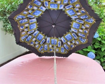 Vintage umbrella with jeweled handle, 1950's umbrella with double canopy, embossed and jeweled handle and jeweled ribs