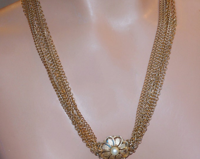 FREE SHIPPING 7 strand necklace, long twisted braided chain necklace with pearl floral connector