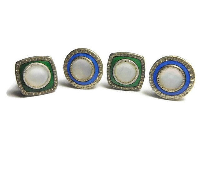 FREE SHIPPING Snap link cuff links, Art deco 1920s mother of pearl (MOP) cufflinks reversible sides green and blue, silver frame, Edwardian