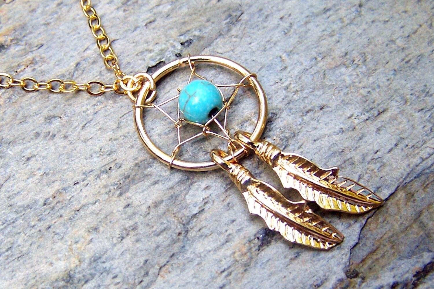 Gold Dream Catcher Necklace Turquoise Necklace Dreamcatcher