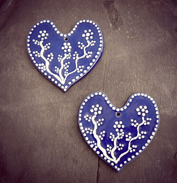 Blue Heart Ceramic Valentines Day Hearts Set of 2 Ornaments Eco Friendly Pottery Wedding Favor Mothers Day Gift
