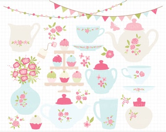 Clipart - Shabby Chic Roses Tea Set / Afternoon Tea Party - Digital Clip Art (Instant Download)