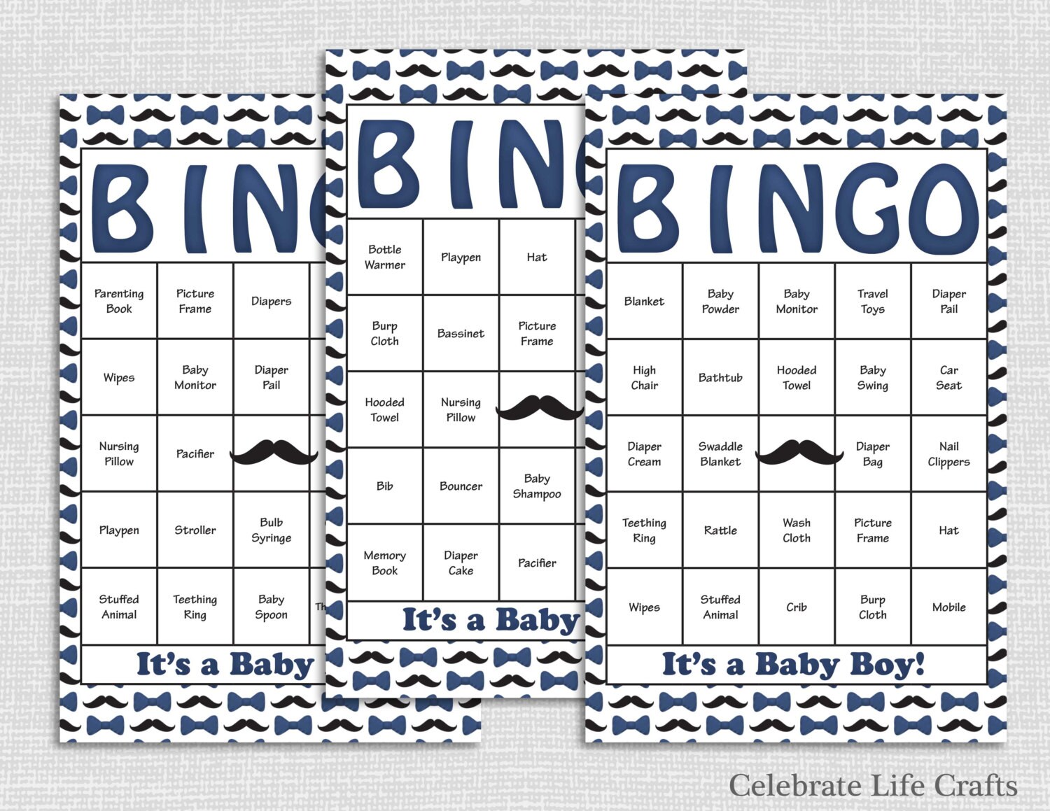 Little Man Baby Shower Game Set Printable Bingo Cards