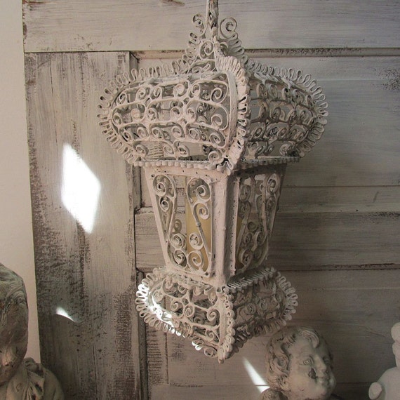 White scroll candle lantern w/ chain French by AnitaSperoDesign