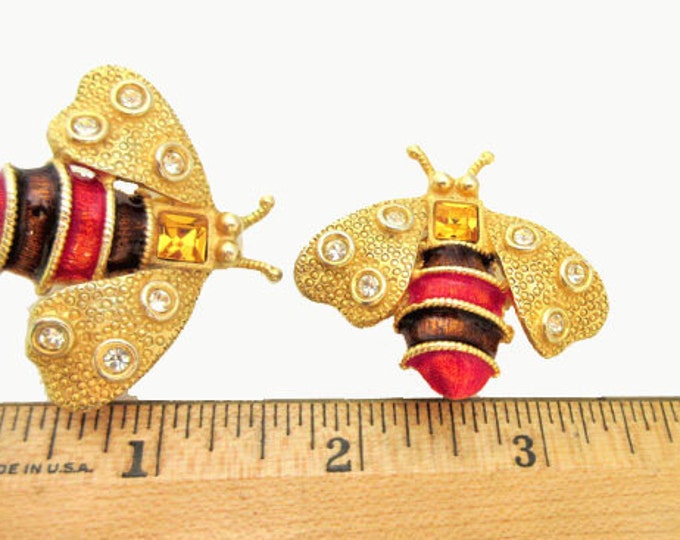 Bumble Bee Earrings -Gerald Yosca - chunky gold Insect - brown maroon enameling - rhinestones -clip on earring