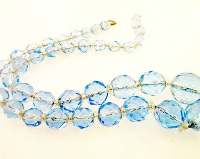 Graduated Bead Necklace Blue facet cut crystal glass Beads sterling silver clasp