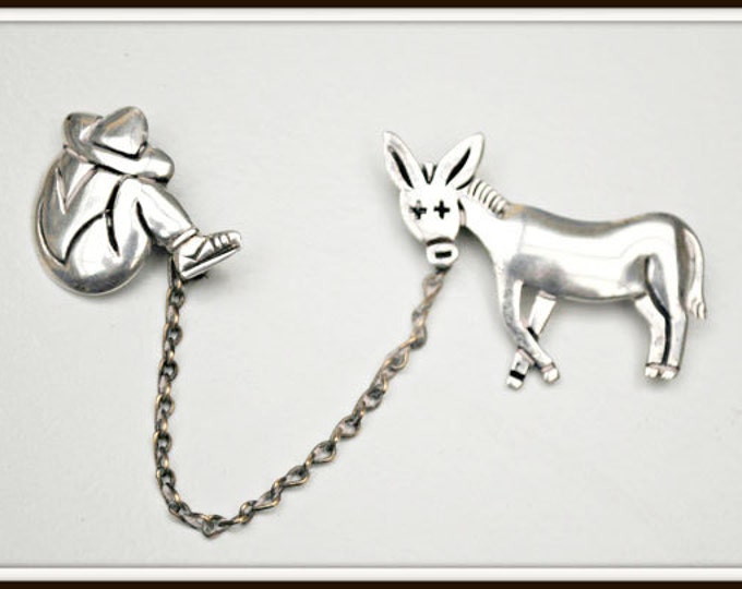 Sterling Taxco Brooch - Siesta Man Donkey Chatelaine Pin - Signed Maricela Tasco Mexico