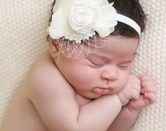 baby girls Headband, Baby Headband, French Veil band, Flower Fabric Headband, Chiffon Headband, Photo Prop, Swarovski Crystals, Baby Girl