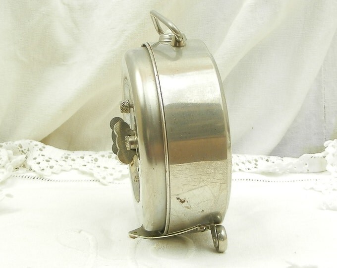 Large Working Vintage Mid Century Chrome Metal Jaz Wind Up Mechanical Alarm Clock, French Bedside Timepiece, Brocante Bedroom Decor