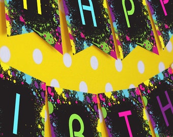 Neon Glow Party Happy Birthday Banner - Instantly Downloadable and Editable File - Personalize and Print at home with Adobe Reader
