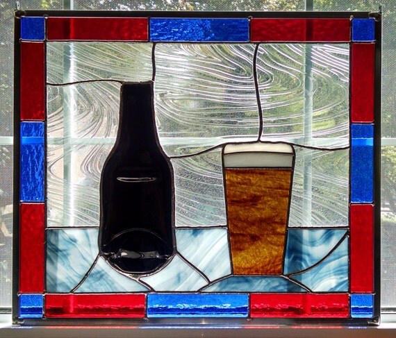 Beer Stained Glass Window Panel Bar Decor by StainedGlassYourWay