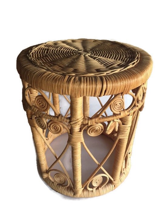 Vintage Peacock Rattan Drum Stool Vanity Stool Plant by studio180