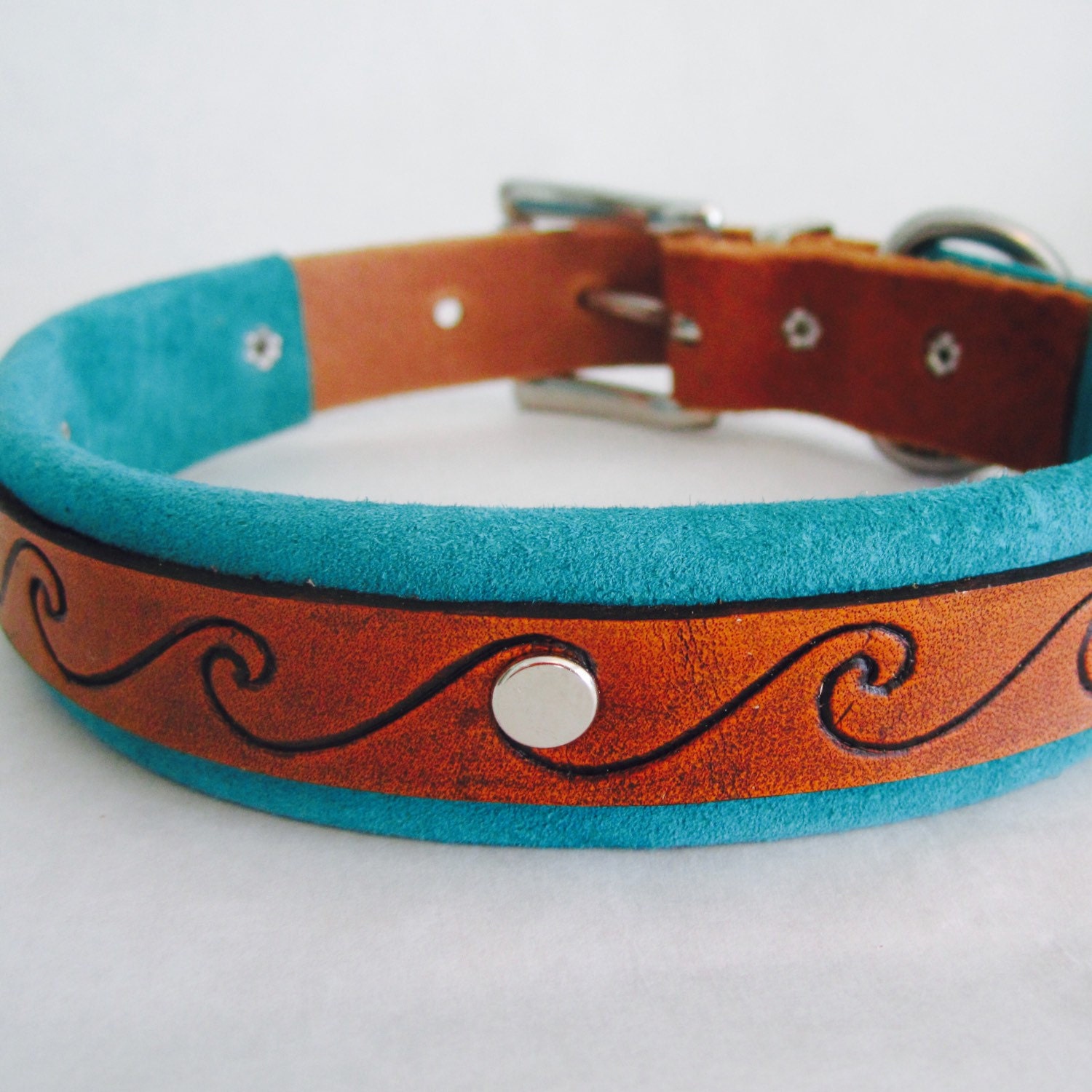 Handmade Leather Dog Collar with Hand-Tooled Wave Pattern and