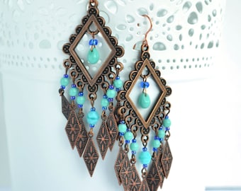Boho earrings - Trible earrings - Long copper earrings
