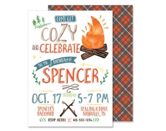 Bonfire Birthday Invitation - DIGITAL invites - fall autumn s'more birthday party pumpkin birthday plaid invite pdf file printable print