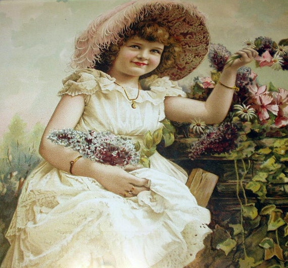 Victorian Girl In Flower Garden Picking Flowers Lilacs Cosmos