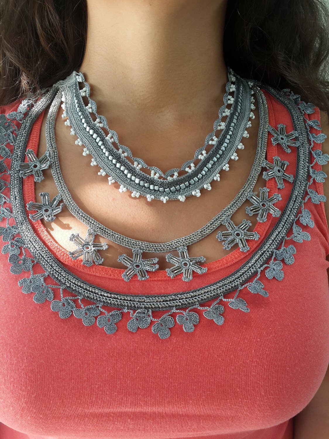 Grey knit necklaceknitted necklace.Beaded Necklaceurban