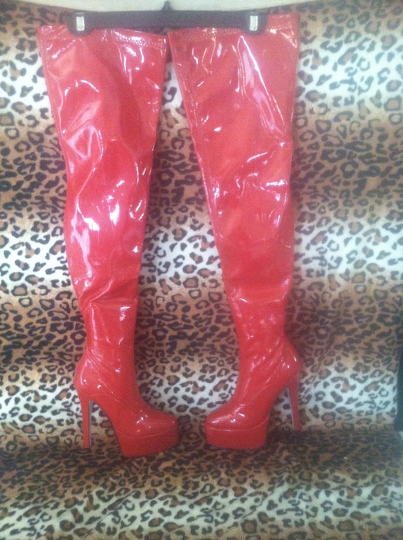 Thigh High Red Boots Red Vinyl Platform Boots Stripper Heels 0543