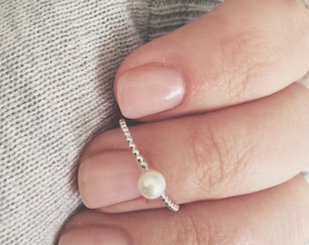 Pearl ring, stacker, stacking ring, pearl ring, freshwater pearl, sterling silver pearl ring, thin beaded band, 4mm pearl ring