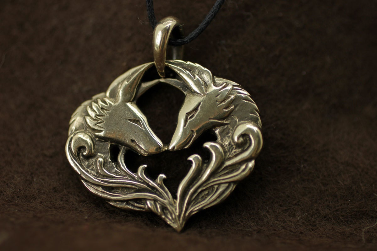 Wolf Fox Coyote Couple bronze pendant necklace