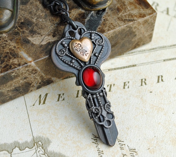 Gothic Key Pendant, Gothic Necklace, Steampunk Necklace, Boho, Bohemian Necklace, Garnet, Red, Antique Necklace, Heart Pendant, Vintage by EarthToJill steampunk buy now online