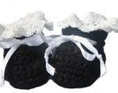 Black Baby Booties - Crochet Baby Booties - Sparkle Booties with Satin Ribbon and Lacy Top Black Baby Booties - Crochet Baby Booties - Sparkle Booties with Satin Ribbon and Lacy Top