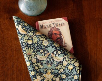 Handstitched Liberty of London Green, Aqua & Gold William Morris "Strawberry Thief" Pocket Square/Handkerchief