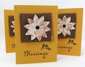 Blessings Note Cards - Set of 4 Small Cards - Small Blank Note Cards - Rich Gold Color - Handmade Flower - Burlap Accent