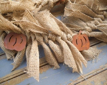 Burlap Garland -Rustic Garland - Rusty Pumpkins- Rustic Garland - Rustic Wedding Decor - Fall Garland - Primitive Garland - Burlap